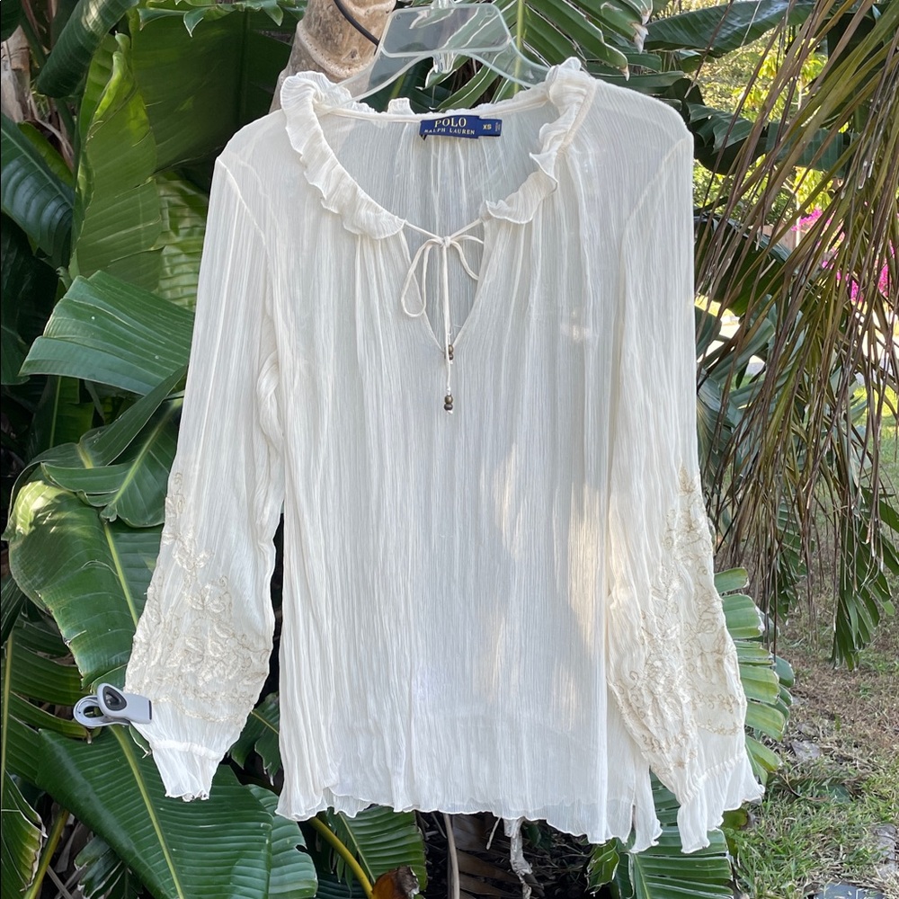 Ralph Lauren, sheer ruffled and metallic embroidered peasant blouse